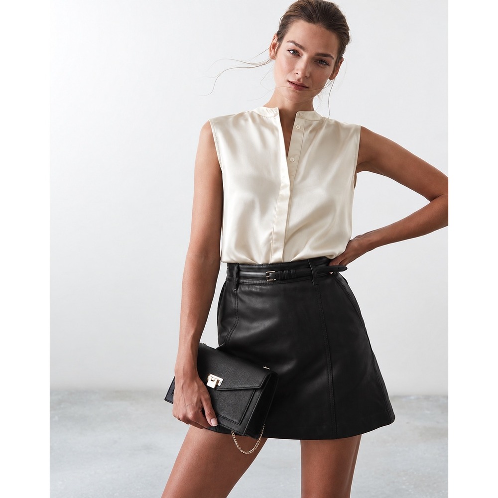 Reiss Lila Silk Sleeveless Placket Top Off White Band Collar Blouse US 0 NEW